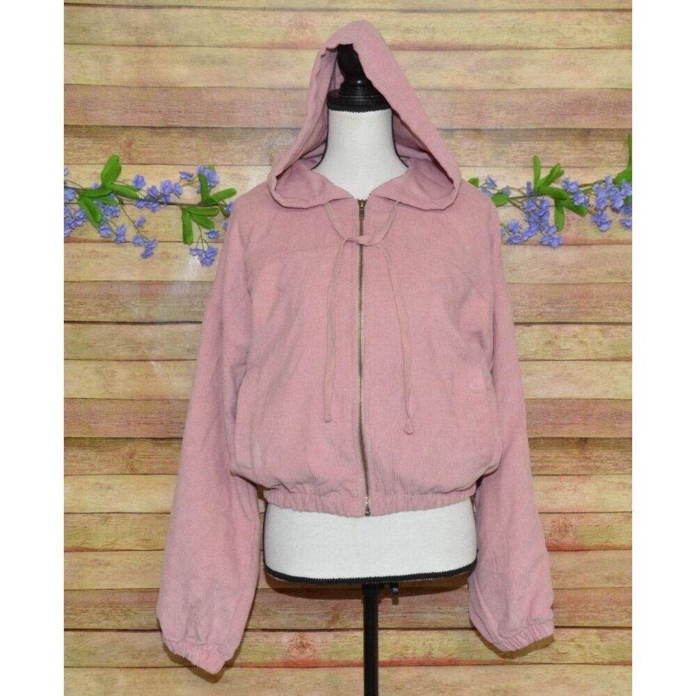 MINE Ladies Dusty Rose Pink Crop Corduroy Hooded Jacket Size L Full Zip Hoodie